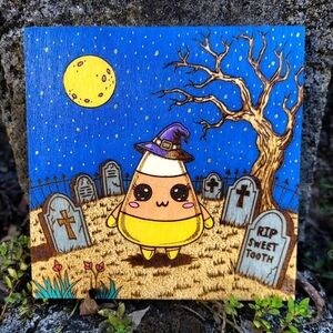 Hand Wood Burned Kawaii Cemetery Confection Candy Corn Wall Hanging. Pyrography.